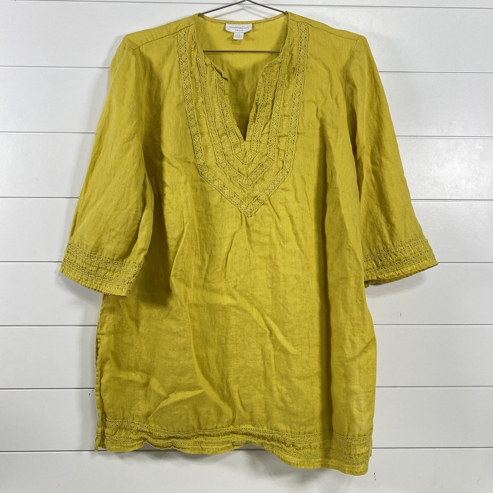 Charter Club Tunic Top Womens 16W Yellow 100% Linen Crochet Trim Boho Blouse